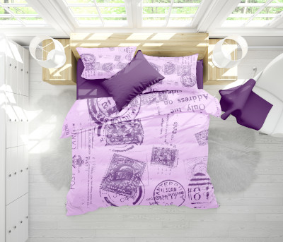 purple bedding with old English stamps