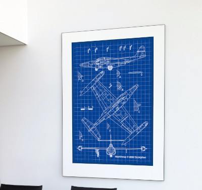 Blueprint wall art in a modern urban office