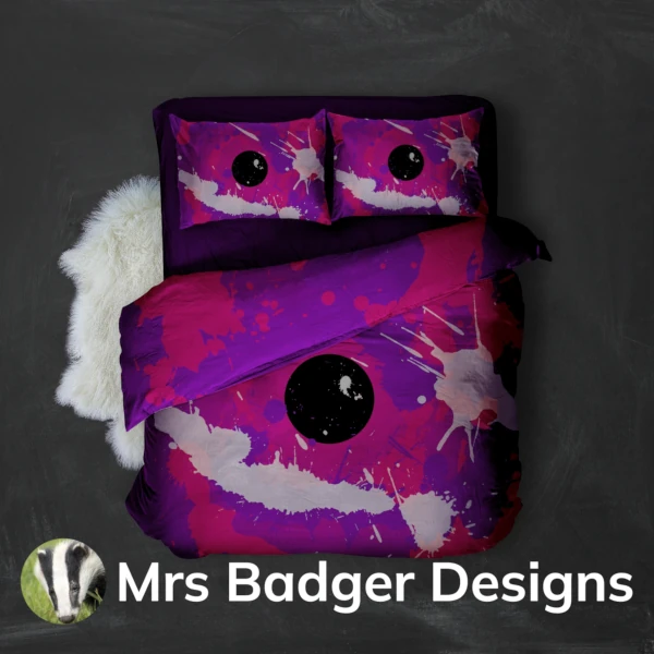 bedding contemporary art splatter paint crimson purple