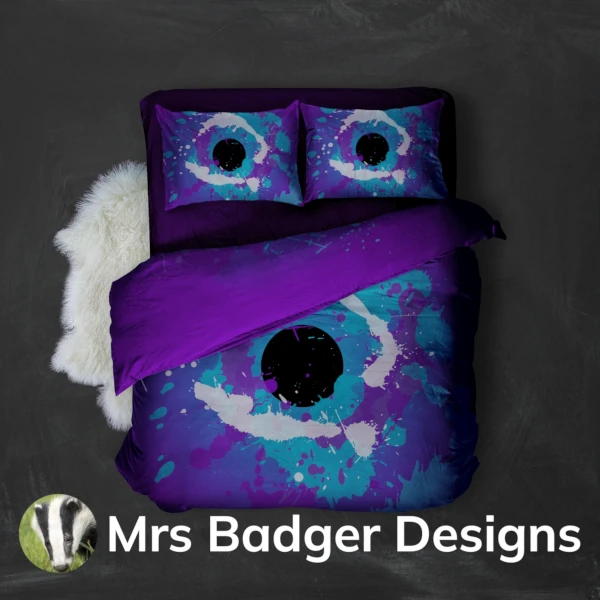 bedding contemporary art splatter paint teal purple
