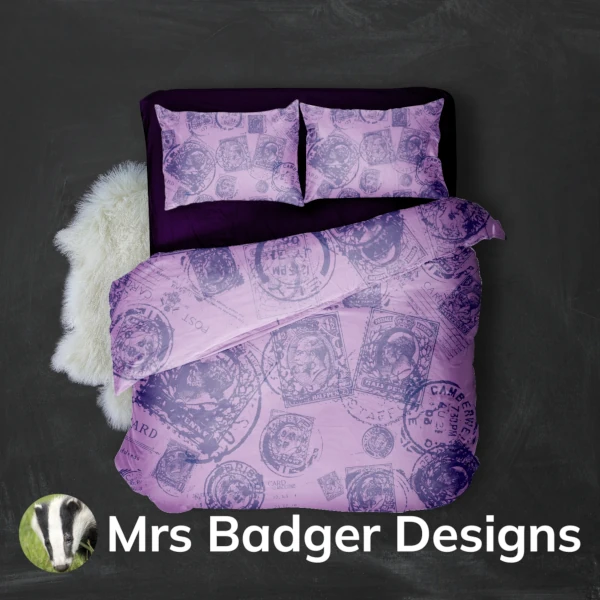 bedding contemporary art vintage uk stamps purple 