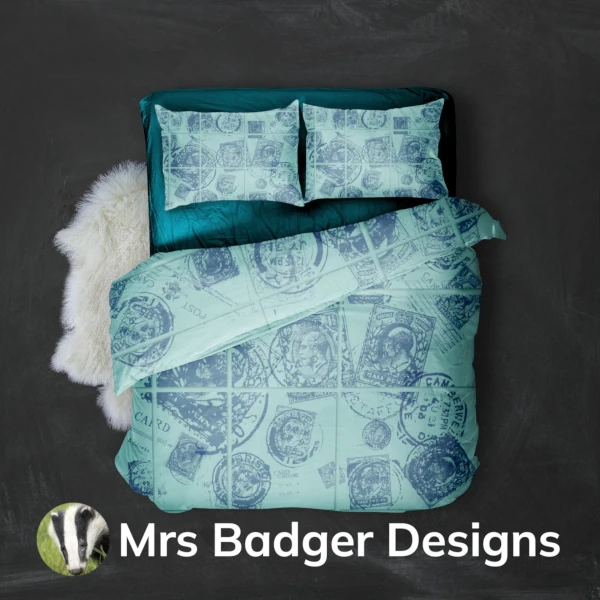 bedding contemporary art vintage uk stamps teal 