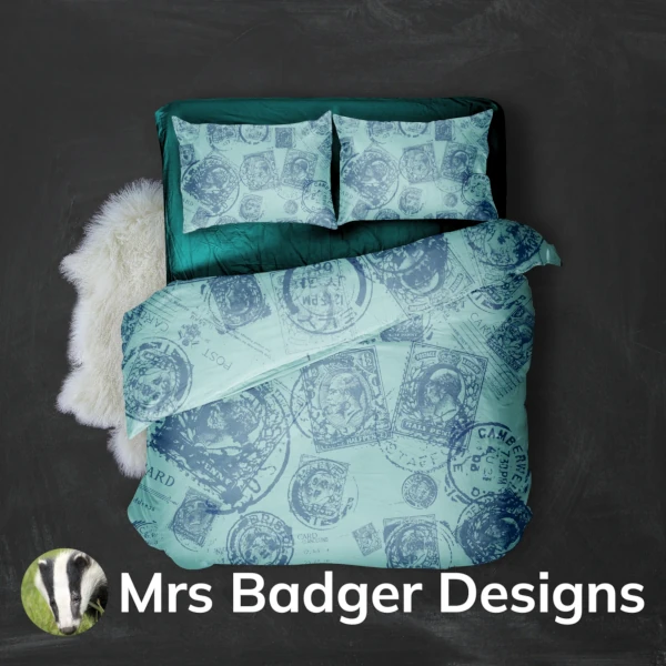 bedding  contemporary art vintage uk stamps teal 