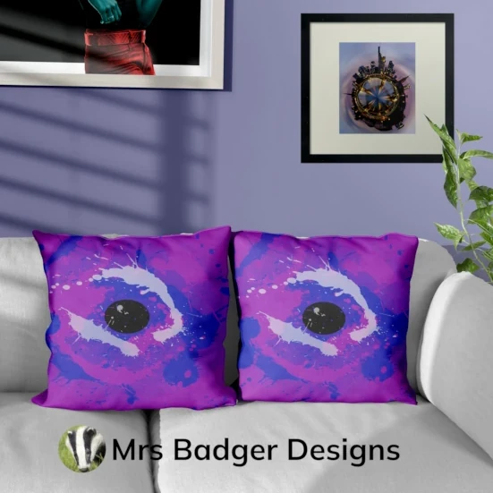 throw pillow cushion contemporary art splatter paint blue purple