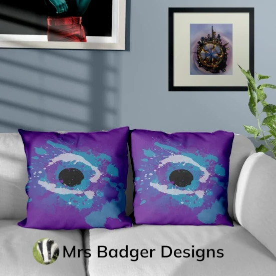 throw pillow cushion contemporary art splatter paint teal purple