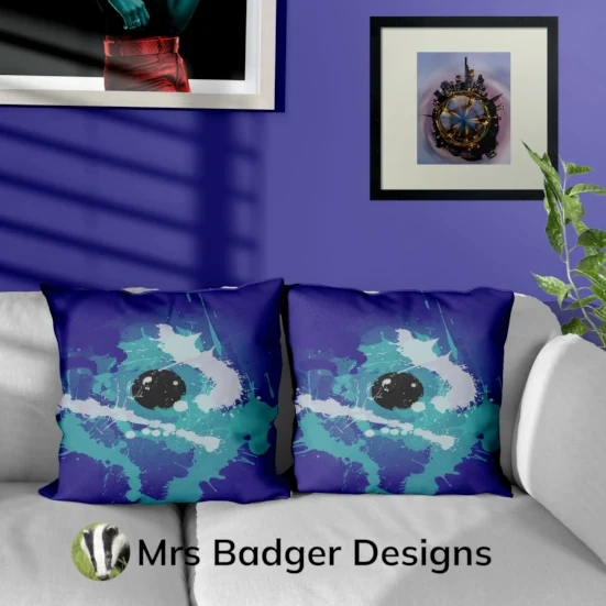 throw pillow cushion contemporary art splatter paint blue teal