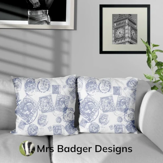 throw pillow cushion contemporary art vintage uk stamps beige 
