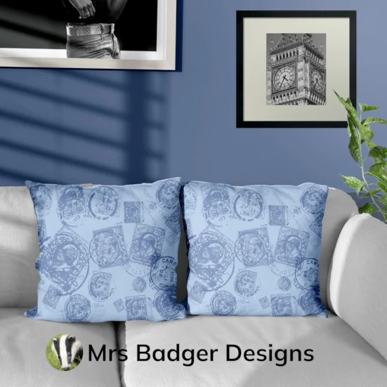 throw pillow cushion contemporary art vintage uk stamps blue 