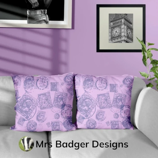 throw pillow cushion contemporary art vintage uk stamps purple 