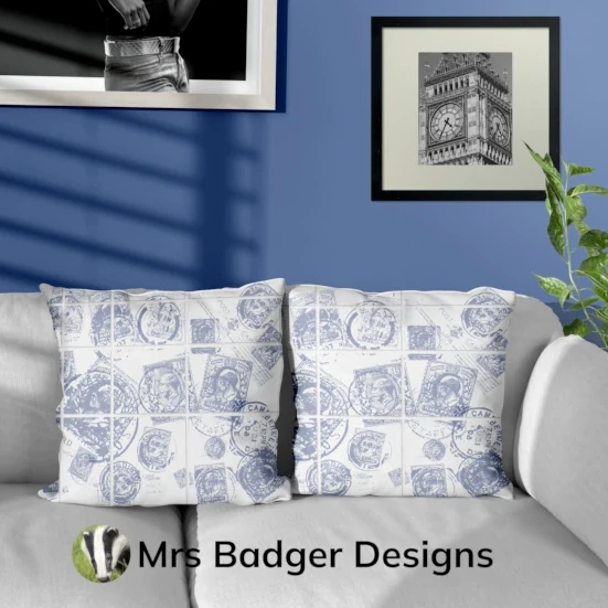 throw pillow cushion contemporary art vintage uk stamps beige 