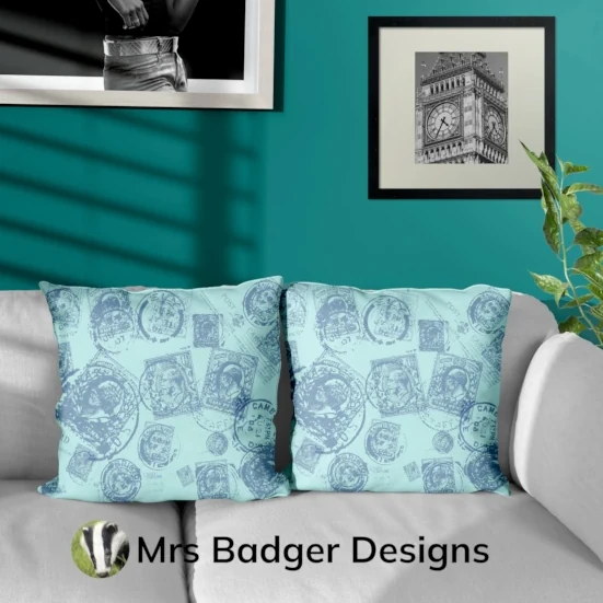throw pillow cushion  contemporary art vintage uk stamps teal 