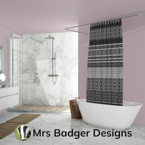 shower curtain black silver thai silk pattern design mrs badger designs