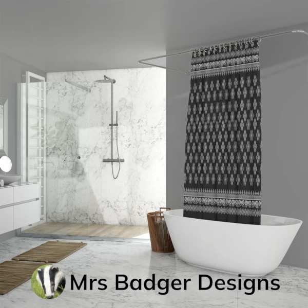 shower curtain black silver thai silk pattern design mrs badger designs