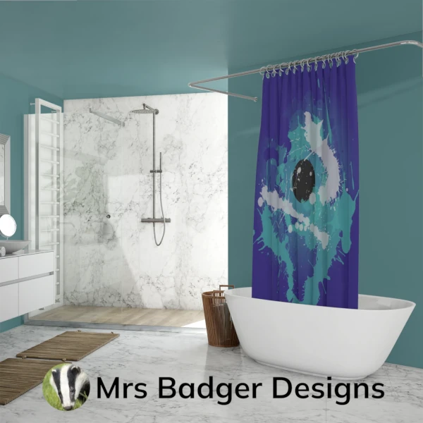 shower curtain contemporary art splatter paint blue teal