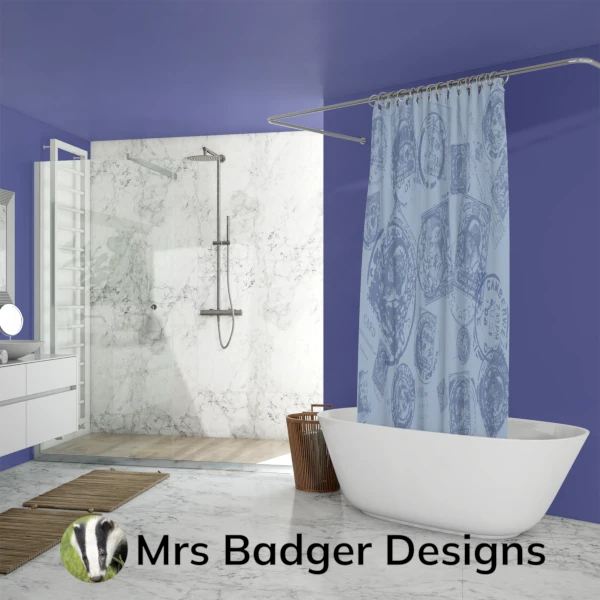 shower curtain contemporary art vintage uk stamps blue 