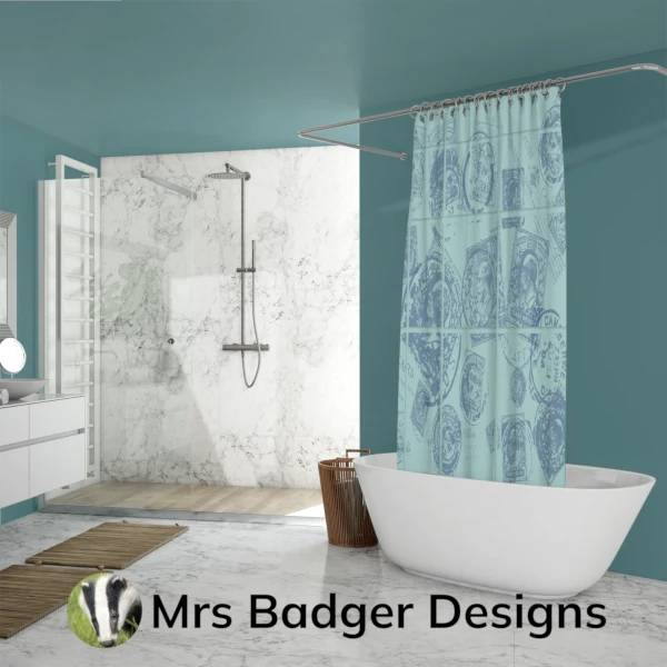 shower curtain contemporary art vintage uk stamps teal 