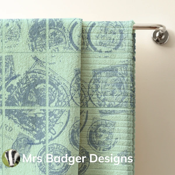 towel contemporary art vintage uk stamps teal 