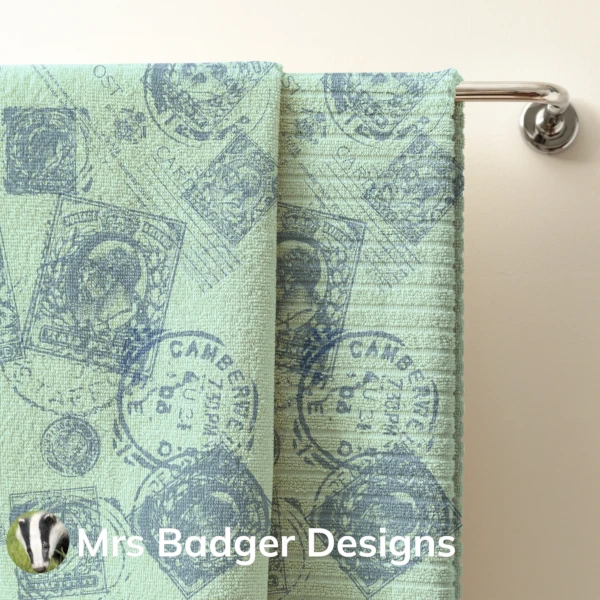 towel  contemporary art vintage uk stamps teal 